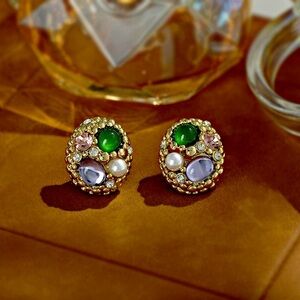 Gold-tone Multicolor Gem Cluster Stud Earrings - Women Jewelry